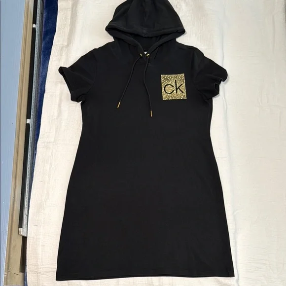 Calvin Klein | Dresses | Calvin Klein Black Hoodie Dress With Gold Accents  | Poshmark
